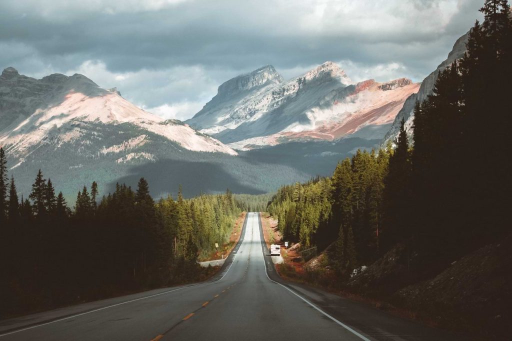 A road in rural Alberta surrounded by beautiful trees and a tall mountain