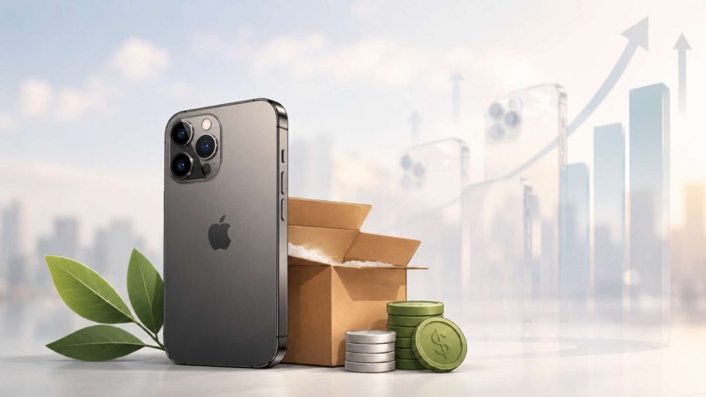 iPhone reconditionné avec boîte d’emballage, pièces de monnaie et graphique de croissance