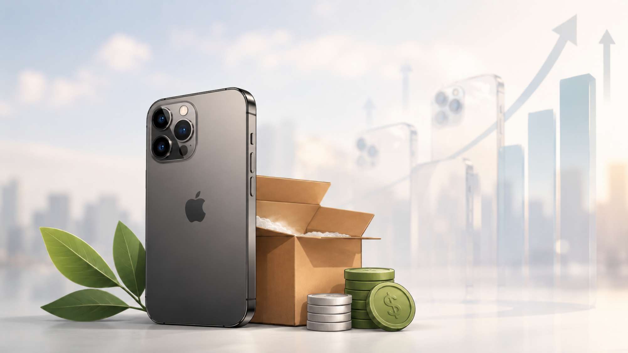 iPhone reconditionné avec boîte d’emballage, pièces de monnaie et graphique de croissance