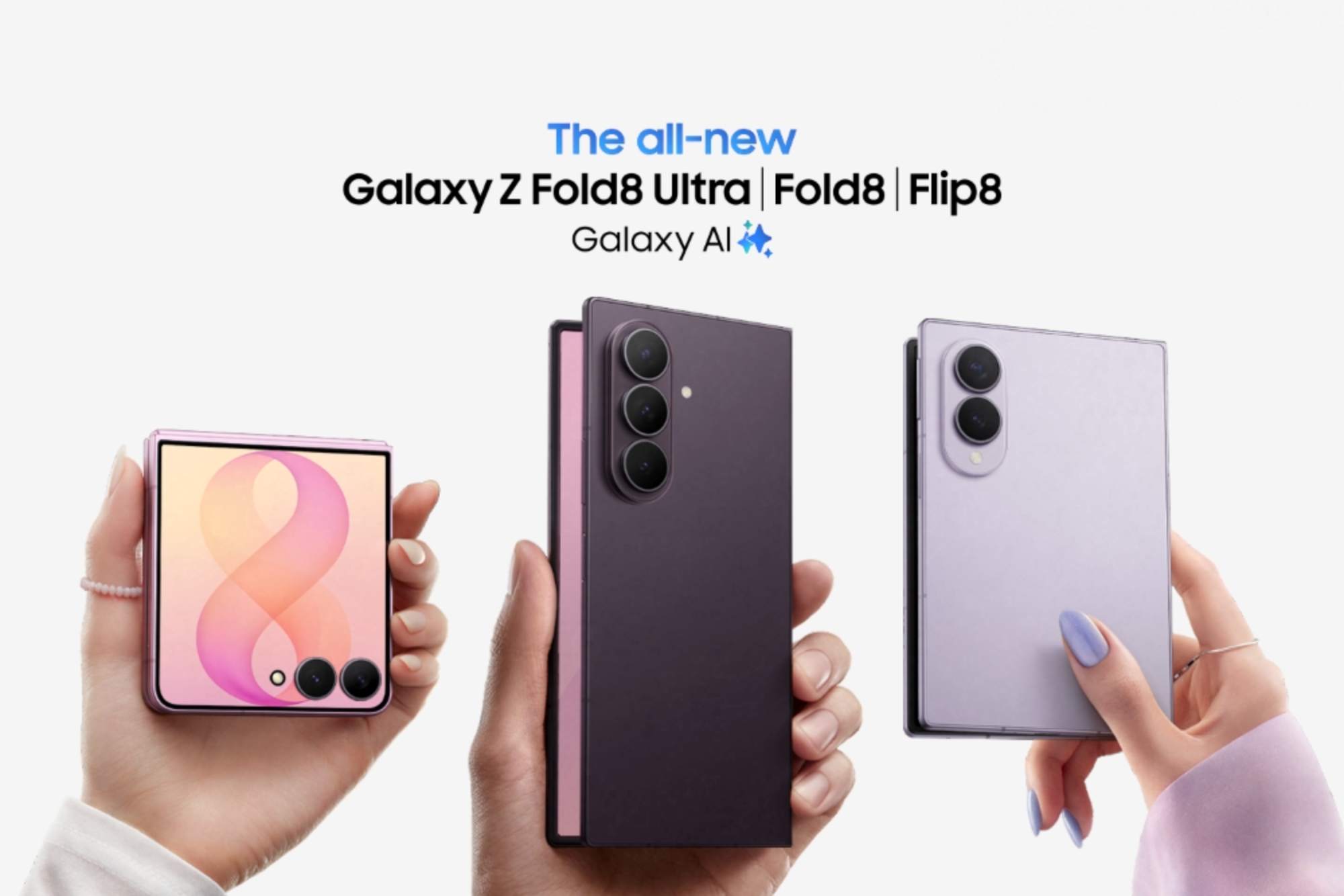 Samsung Galaxy Z Flip8, Galaxy Z Fold8 and Galaxy Z Fold8 Ultra displayed together