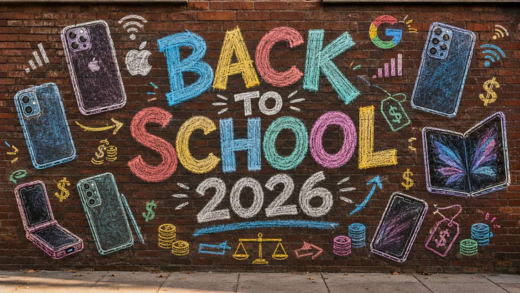 Chalk mural on a brick wall featuring smartphones, savings symbols and the words “Back to School 2026.”