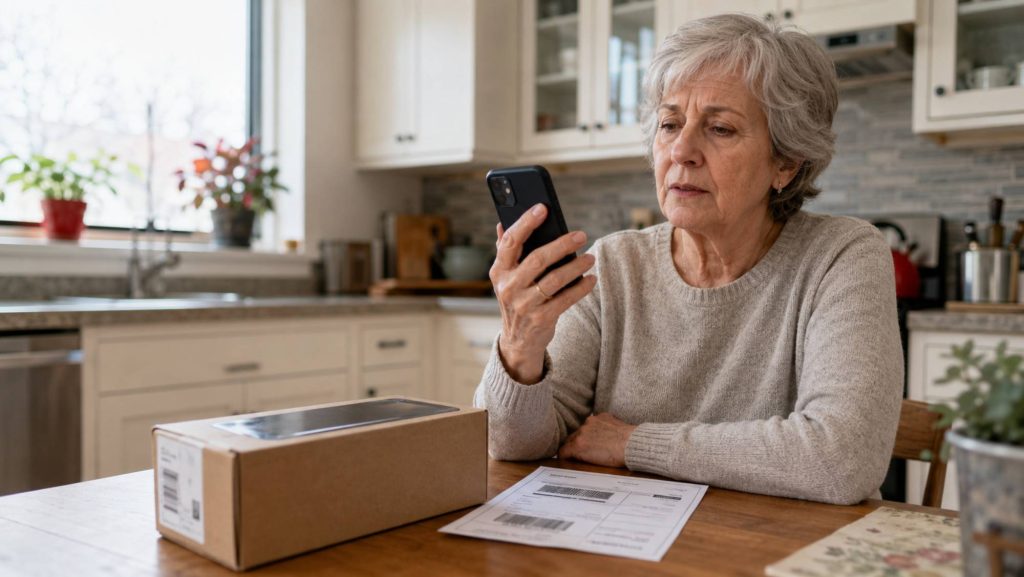 An older woman checks a suspicious call beside a package containing a phone