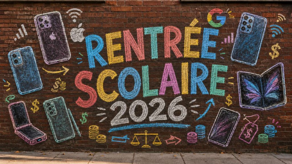 Mur de briques illustré à la craie avec des téléphones, des symboles d’économie et le texte « Rentrée scolaire 2026 ».