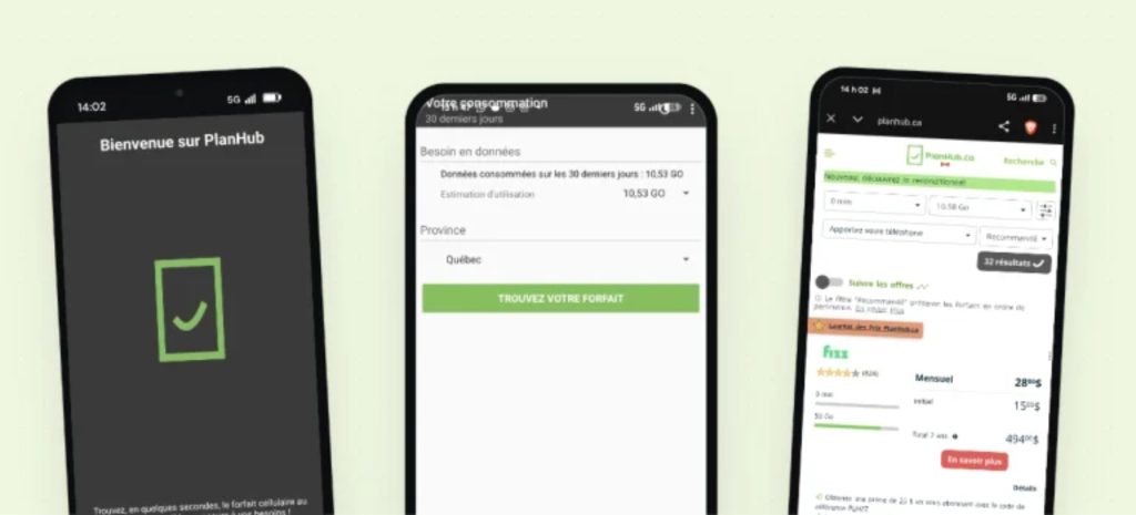 Trois écrans de l’application PlanHub montrant l’analyse de la consommation et des forfaits mobiles recommandés au Canada.