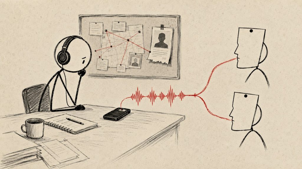 Journaliste avec un casque écoutant une onde sonore reliée à deux personnages portant des identités différentes.