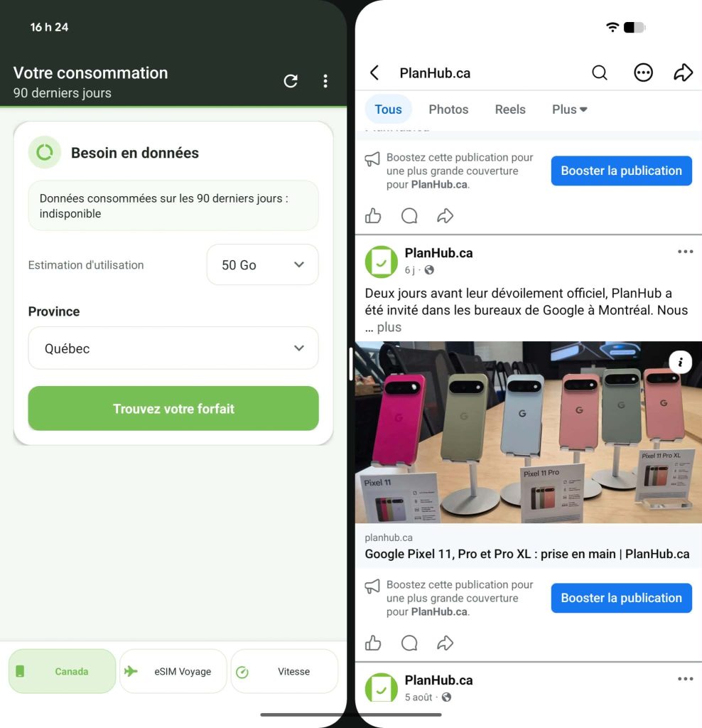 Deux applications affichées côte à côte sur l'écran partagé du Google Pixel 11 Pro Fold.