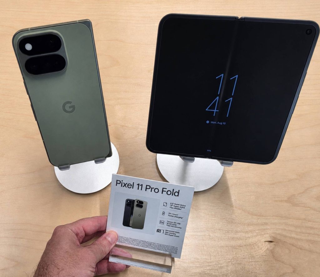 Google Pixel 11 Pro Fold in Olive shown from the back and with its inner display unfolded