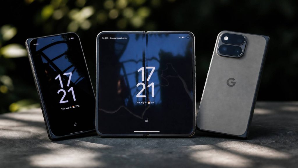 Montage of the Google Pixel 11 Pro Fold closed, unfolded and seen from the back.