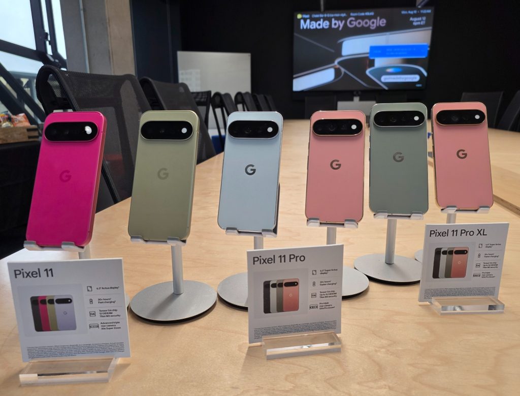 Six Google Pixel 11, Pixel 11 Pro and Pixel 11 Pro XL phones displayed at Google’s Montreal office