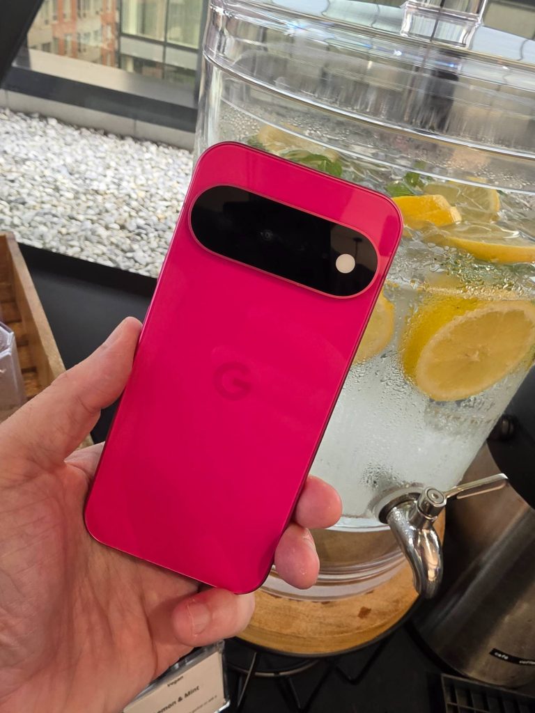 The Hibiscus Pixel 11 has a glossy finish and retains Google’s distinctive horizontal camera bar.