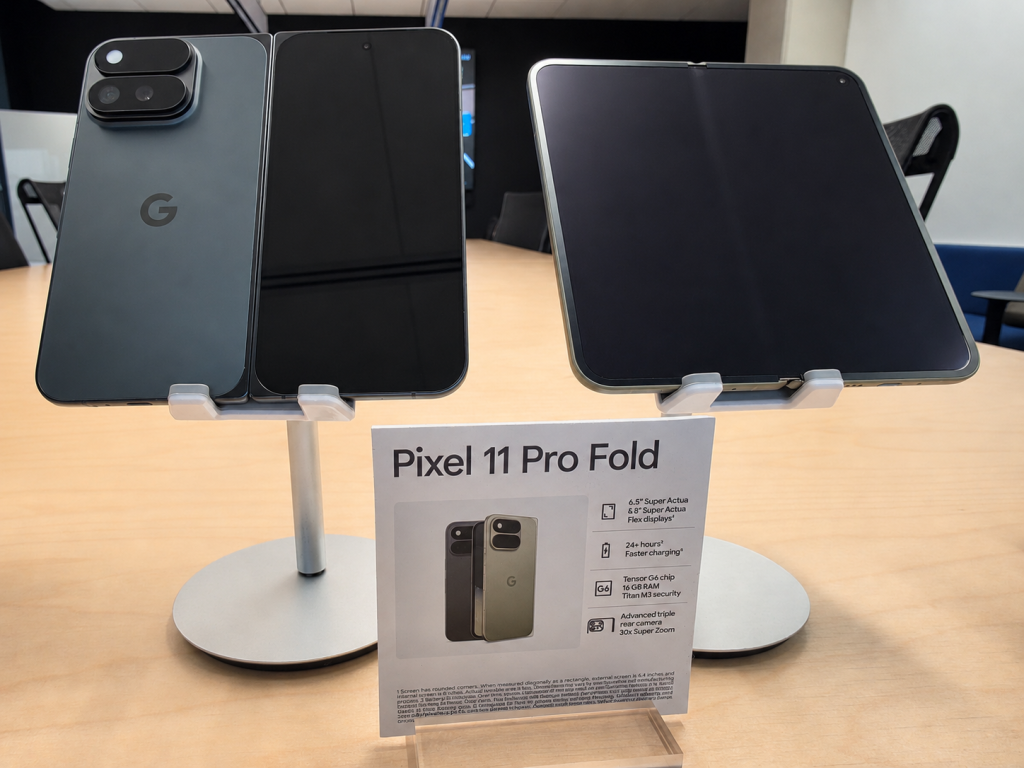 Rear view of the Olive Pixel 11 Pro Fold beside its unfolded inner display. Photo: Julien Junet / PlanHub