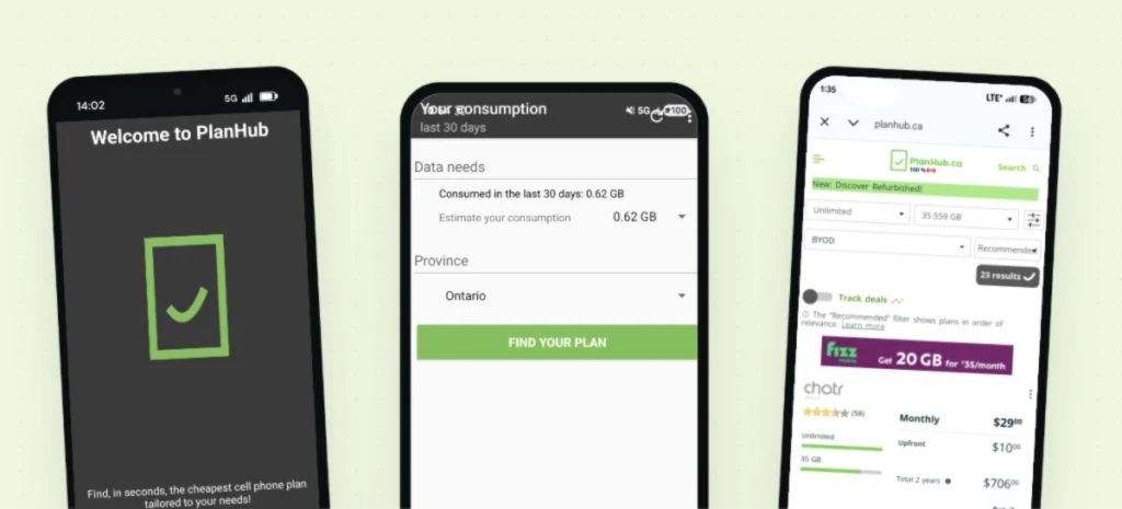 Three PlanHub app screens showing mobile data usage and recommended mobile plans in Canada.