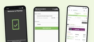 Three PlanHub app screens showing mobile data usage and recommended mobile plans in Canada.