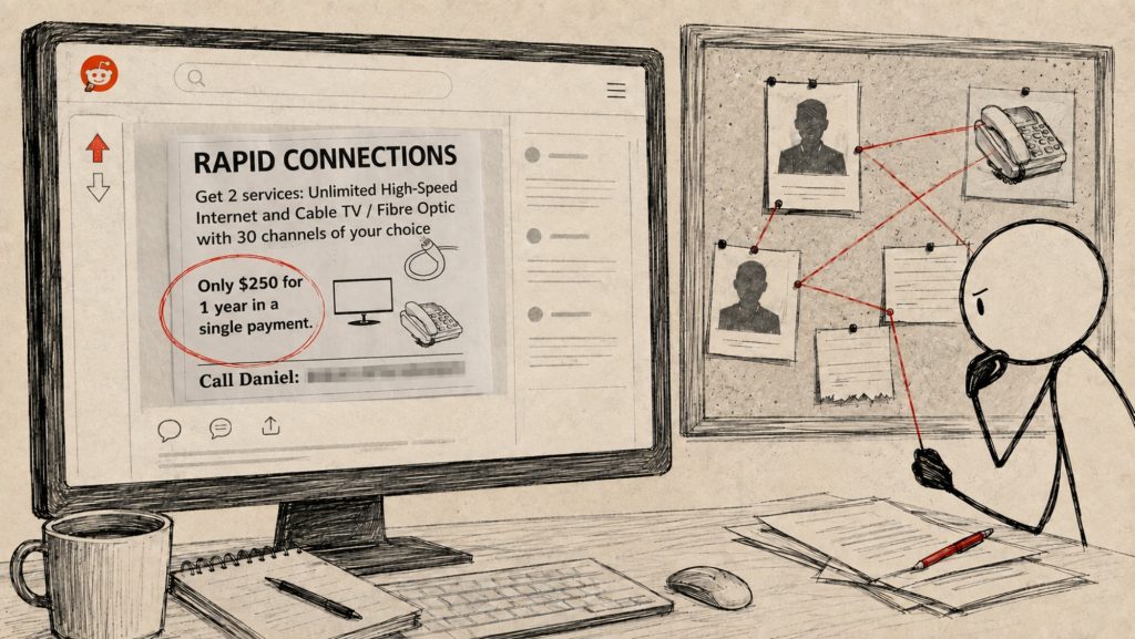 English Rapid Connections flyer displayed on Reddit with the phone number blurred beside a red-thread investigation board.