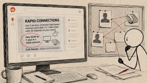 English Rapid Connections flyer displayed on Reddit with the phone number blurred beside a red-thread investigation board.