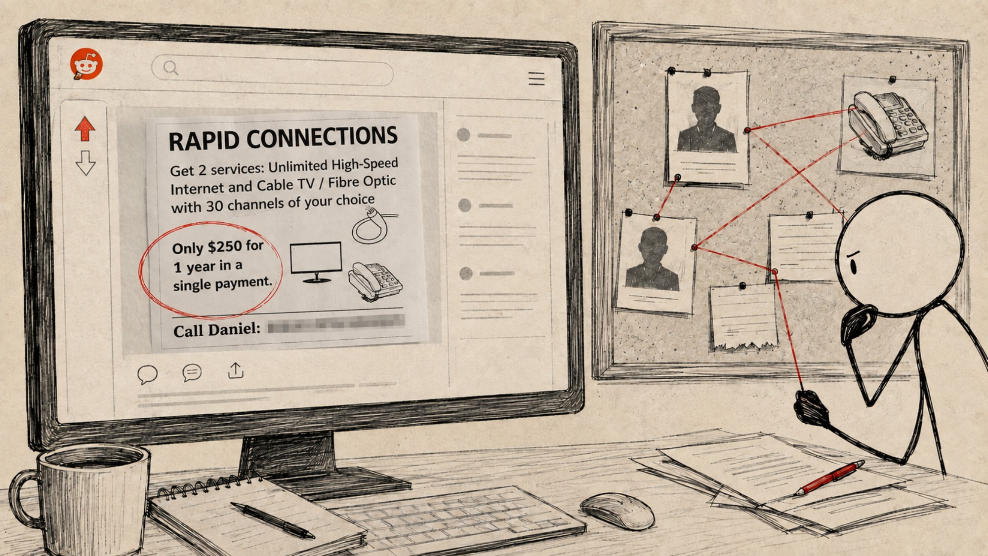 English Rapid Connections flyer displayed on Reddit with the phone number blurred beside a red-thread investigation board.