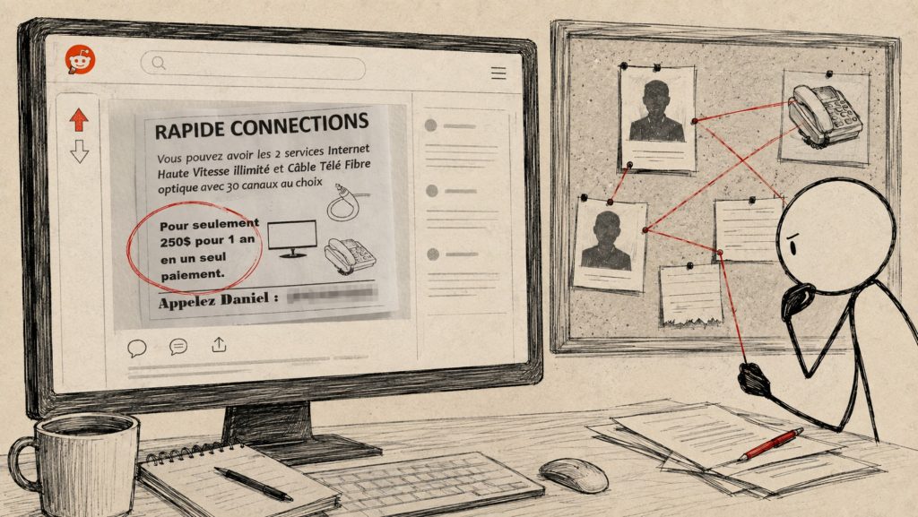 Annonce Rapide Connexions affichée sur une page Reddit avec le numéro masqué, à côté d’un tableau d’enquête relié par des fils rouges.