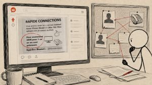Annonce Rapide Connexions affichée sur une page Reddit avec le numéro masqué, à côté d’un tableau d’enquête relié par des fils rouges.