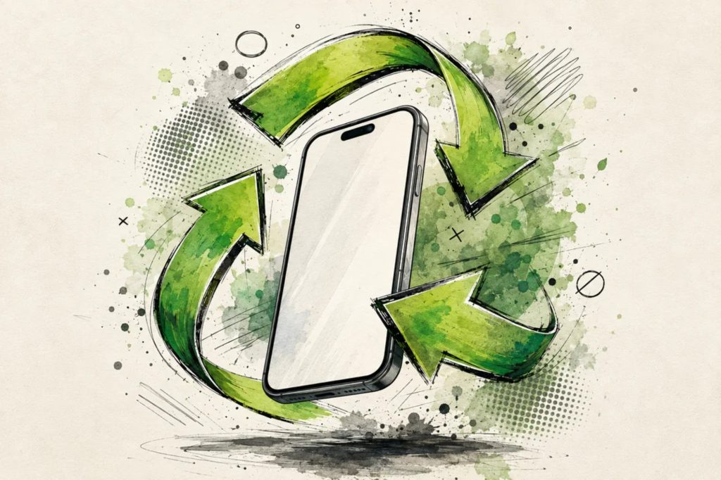 Illustration of a smartphone surrounded by green recycling arrows