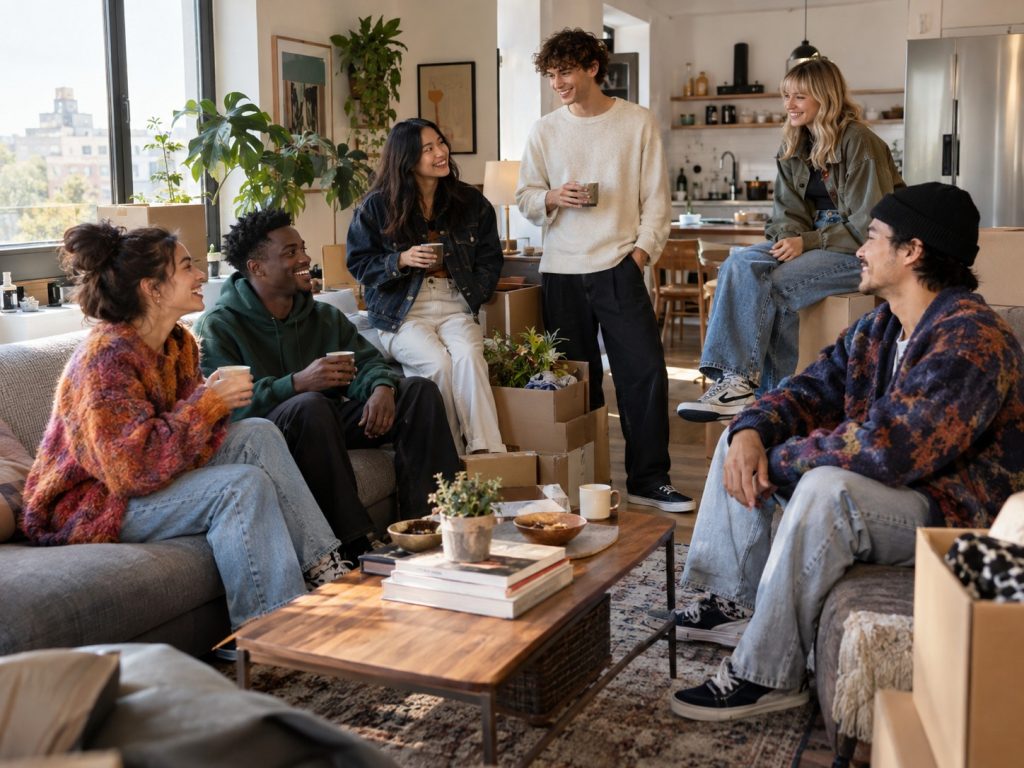 Groupe de jeunes adultes réunis dans un nouvel appartement entouré de boîtes de déménagement