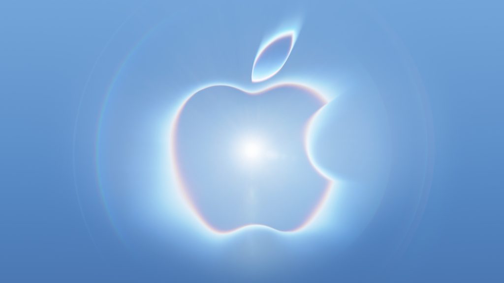 Logo Apple lumineux sur fond bleu pour l’événement Surprise and shine du 9 septembre 2026