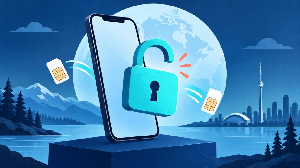 Phone, SIM card, bill and magnifying glass illustrating new CRTC measures related to telecom fees charged to consumers