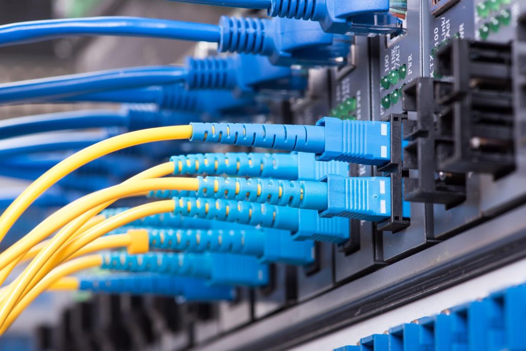 Câbles de fibre optique bleus connectés à un panneau de raccordement réseau.