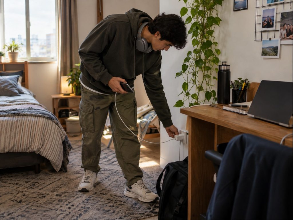 Jeune étudiant branchant son téléphone près d’un bureau avec ordinateur portable et écouteurs