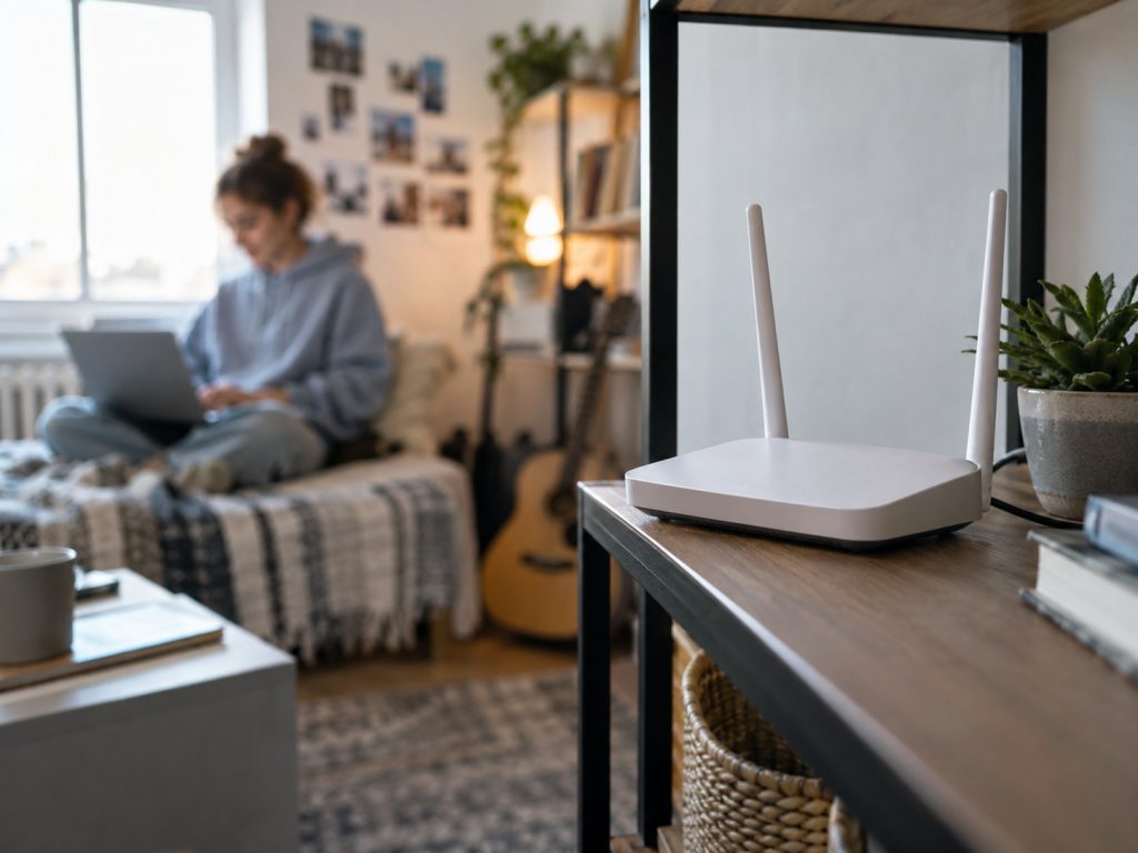 Routeur Wi-Fi dans un appartement étudiant avec une étudiante utilisant son ordinateur en arrière-plan