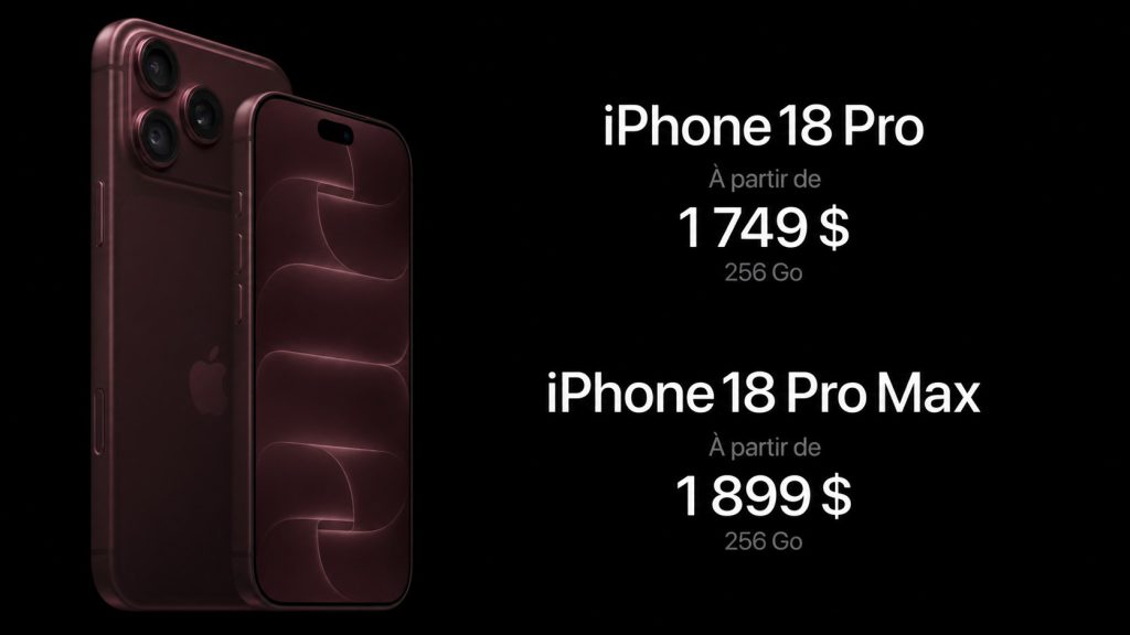 iPhone 18 Pro et iPhone 18 Pro Max bourgogne avec prix de départ de 1 749 $ et 1 899 $ US
