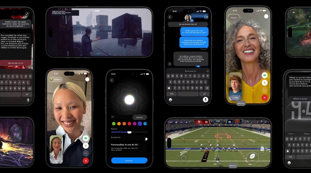 Fonctions Siri AI et Apple Intelligence sur plusieurs écrans d’iPhone 18 Pro avec iOS 27