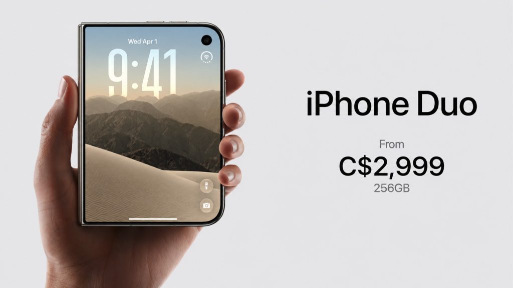 iPhone Duo closed with a $2,999 starting price displayed beside the 256GB model