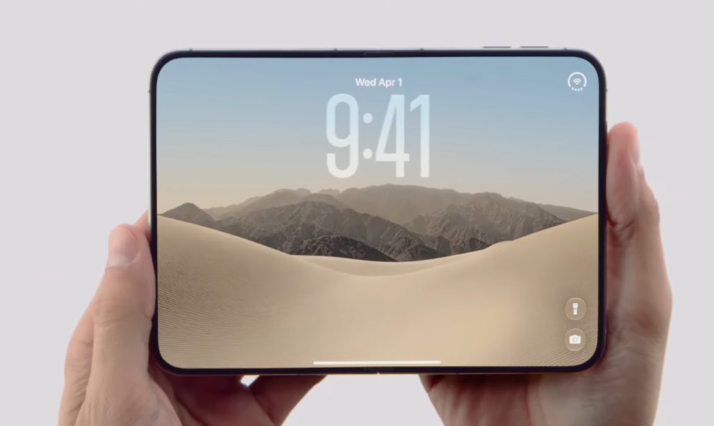 iPhone Duo fully opened in landscape orientation showing its 7.6-inch inner display