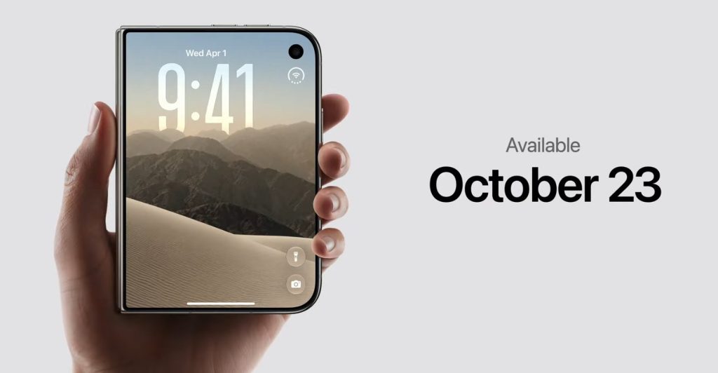 iPhone Duo closed and held in one hand with October 23 availability date