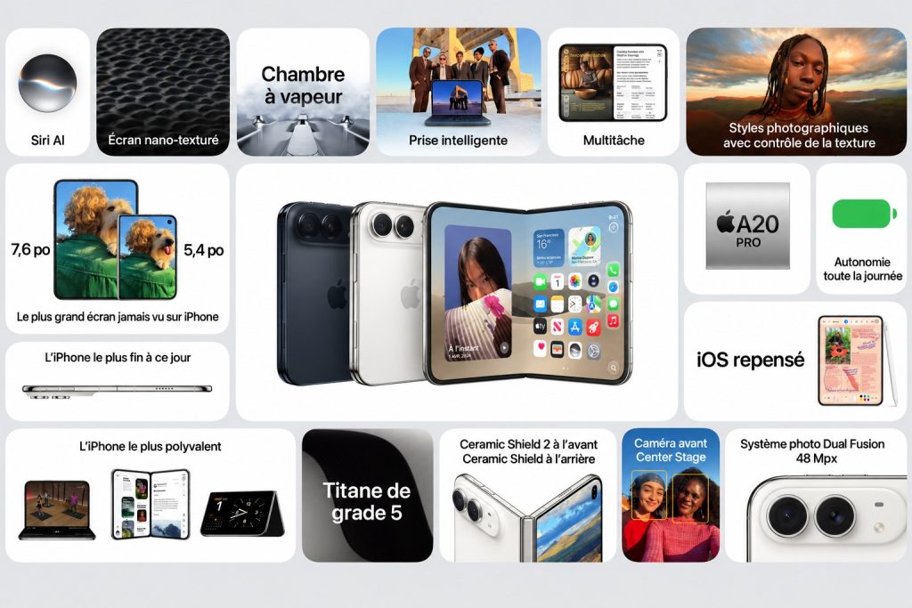 iPhone Duo ouvert entouré de ses principales caractéristiques dont A20 Pro, iOS 27 et écrans 7,6 et 5,4 pouces