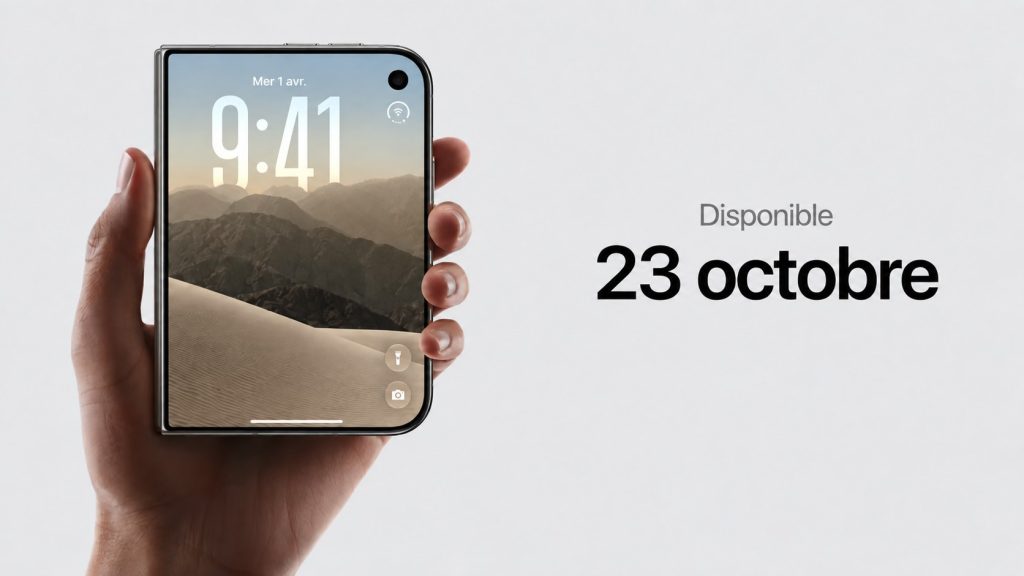 iPhone Duo fermé tenu dans une main avec la date de disponibilité du 23 octobre