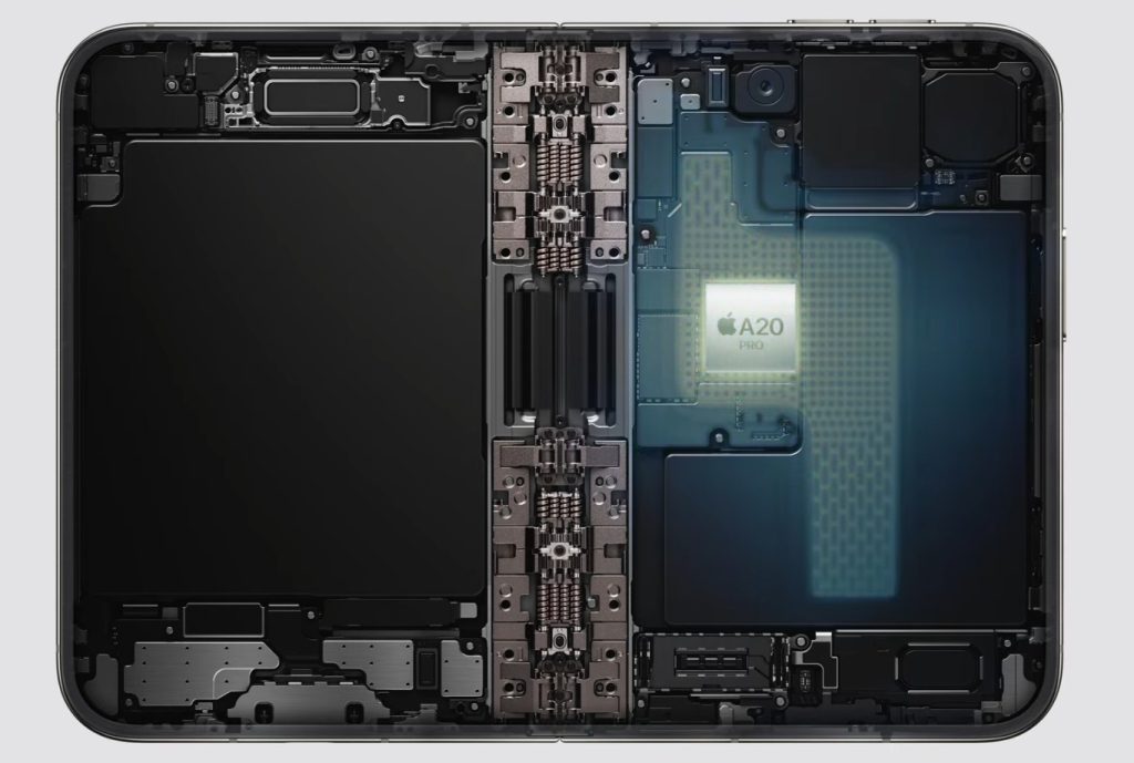 Internal view of the iPhone Duo showing its hinge, dual batteries and A20 Pro chip