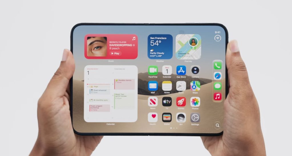 iPhone Duo open in two hands with apps and widgets displayed across the large inner screen