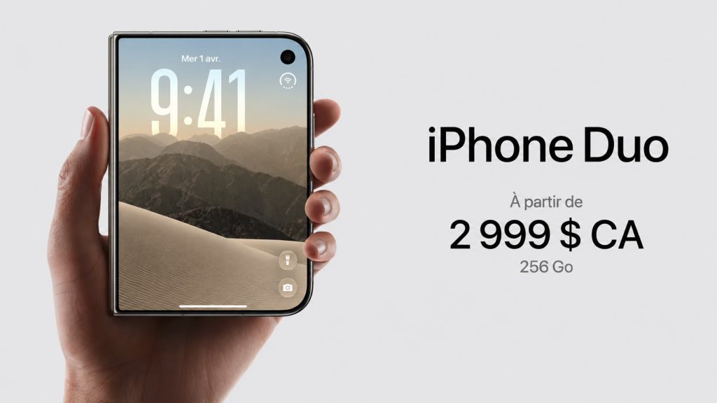 iPhone Duo fermé avec une indication de prix de 2 999 dollars pour la version 256 Go