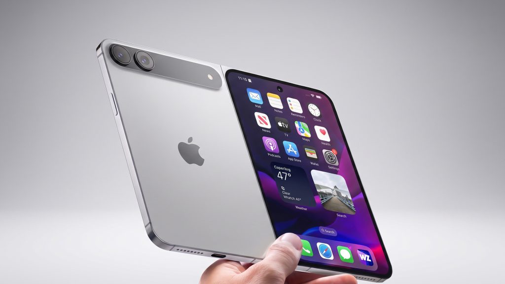 Simulation picture d’un possible iPhone pliable Apple ouvert au format livre