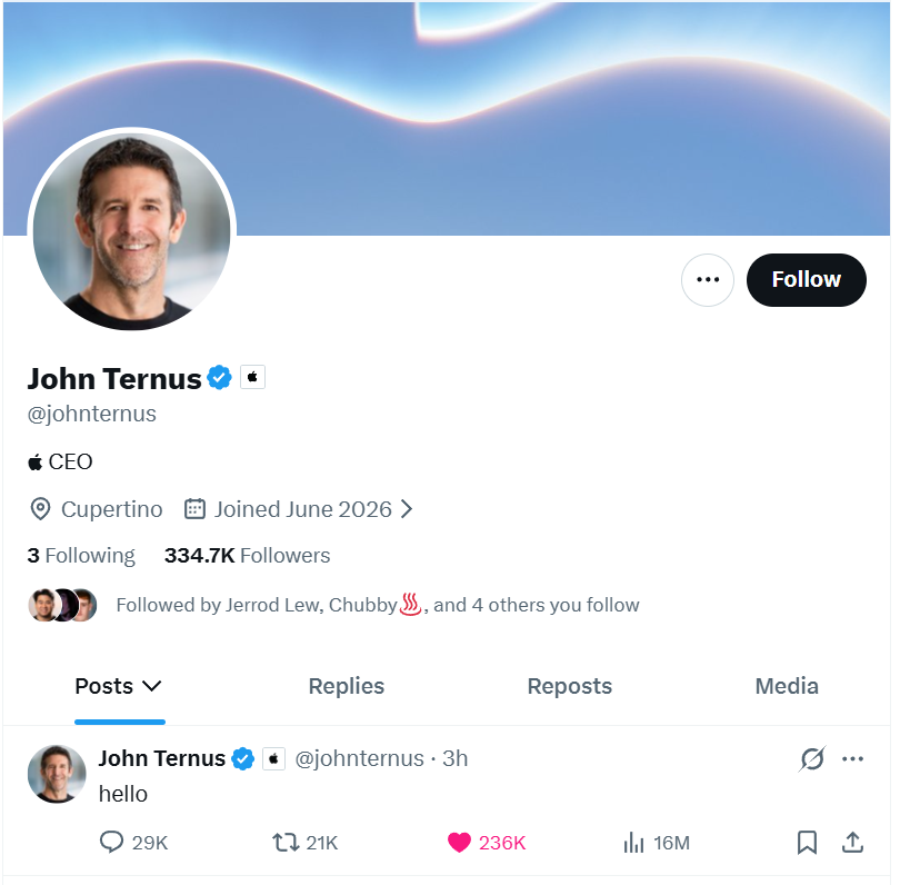 Capture du profil X de John Ternus montrant son premier message « hello » comme chef de la direction d’Apple