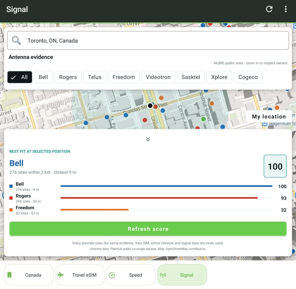 PlanHub Signal comparison in Toronto showing network scores of 100 for Bell, 93 for Rogers and 32 for Freedom Mobile.