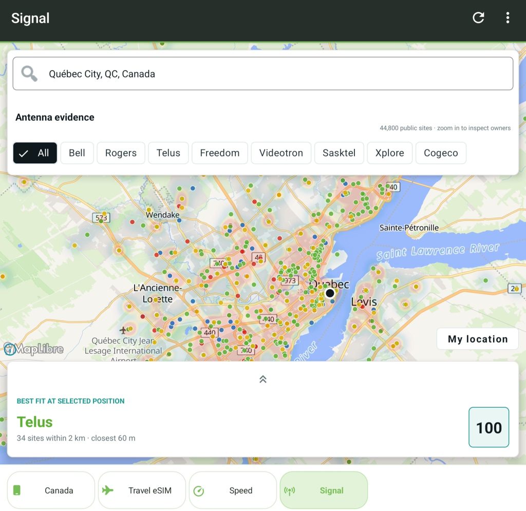 Capture de PlanHub Signal affichant les antennes cellulaires à Québec et un score de 100 pour TELUS.