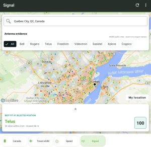 Capture de PlanHub Signal affichant les antennes cellulaires à Québec et un score de 100 pour TELUS.