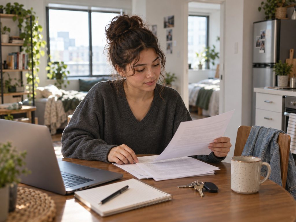 Student reviewing a lease at a table with a laptop and apartment keys