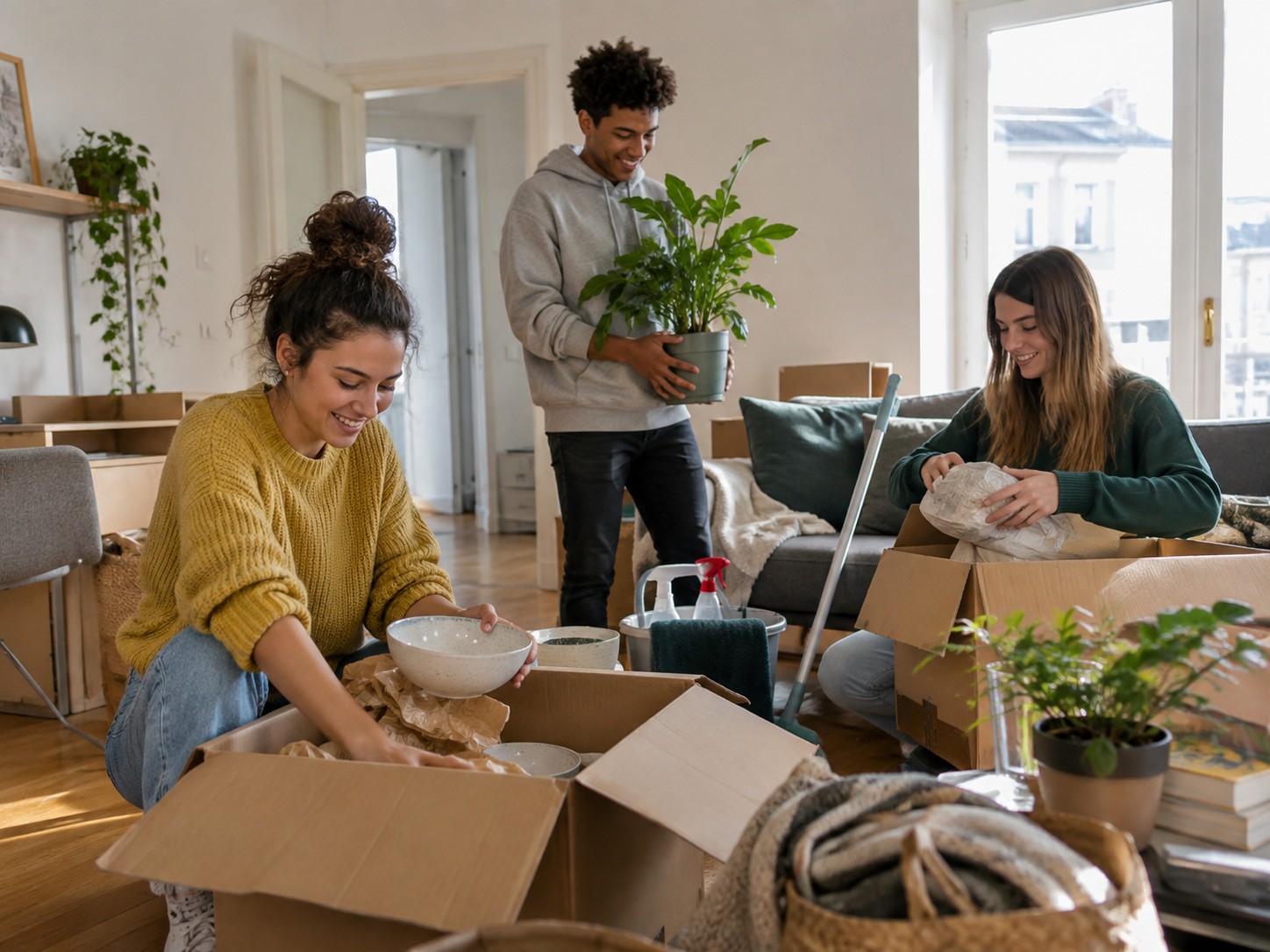 Three young roommates unpacking boxes and household items in their new apartment