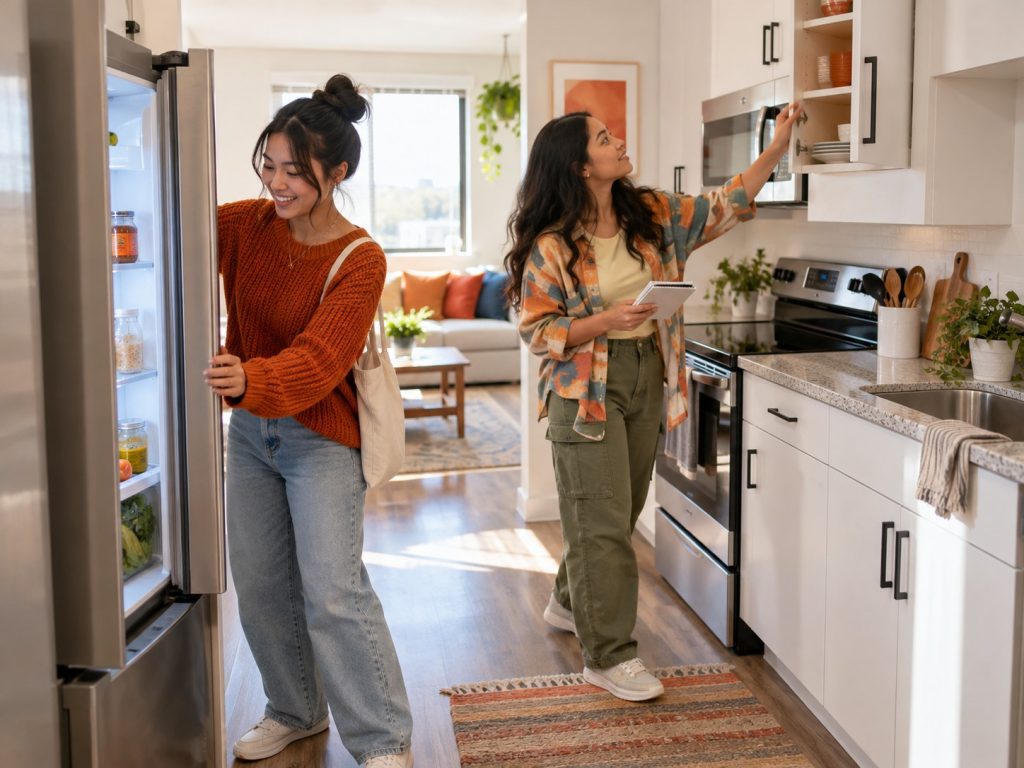 Deux étudiantes vérifiant le réfrigérateur, les armoires et les électroménagers d’un appartement