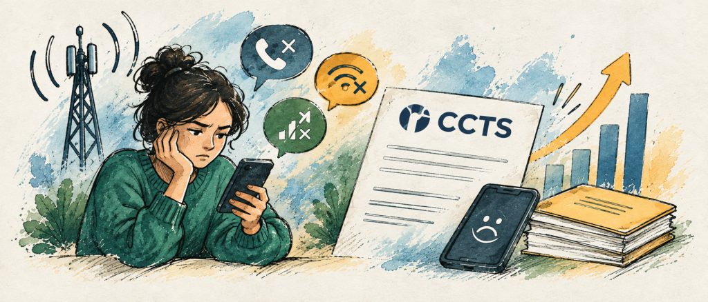 Frustrated woman looking at her cellphone, surrounded by dropped call, Wi-Fi and signal icons, next to a CCTS complaint form and a rising chart.