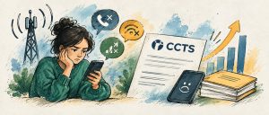 Frustrated woman looking at her cellphone, surrounded by dropped call, Wi-Fi and signal icons, next to a CCTS complaint form and a rising chart.