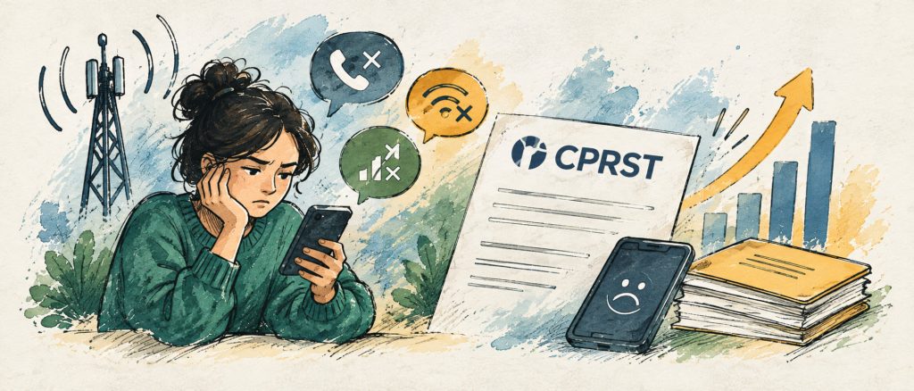 Femme découragée devant son cellulaire, entourée d’icônes d’appel coupé, de wifi et de réseau défaillants, à côté d’un document de plainte de la CPRST et d’un graphique en hausse.